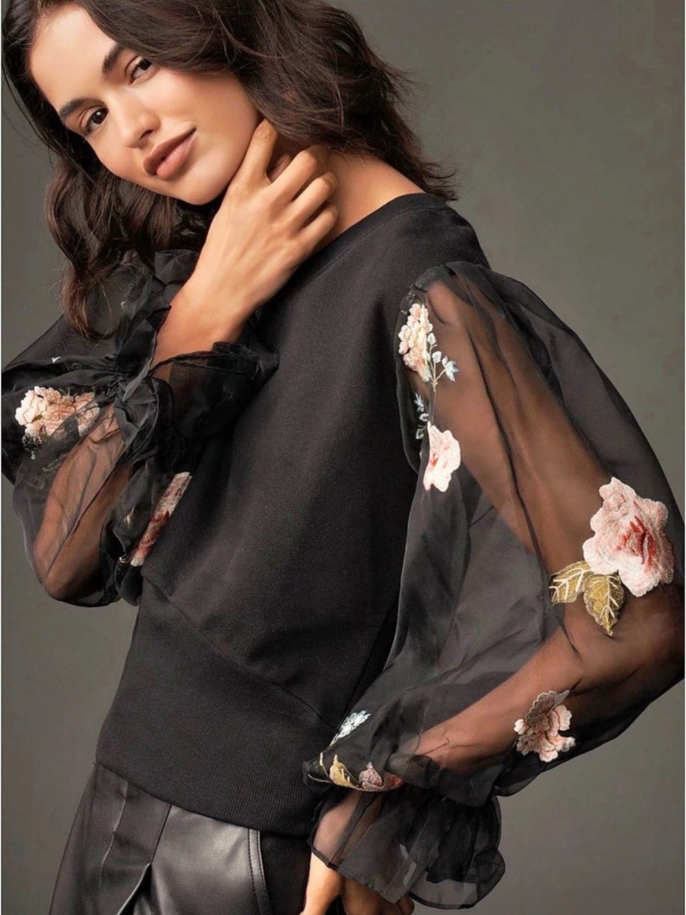 By Anthropologie Embroidered Floral Sheer Long-Sleeve Top in Black Size Medium